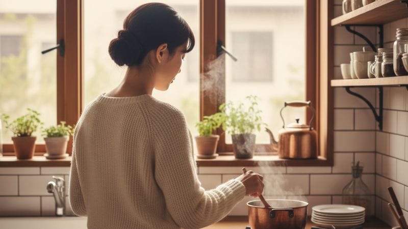 キッチンでお味噌汁を作るママの横顔