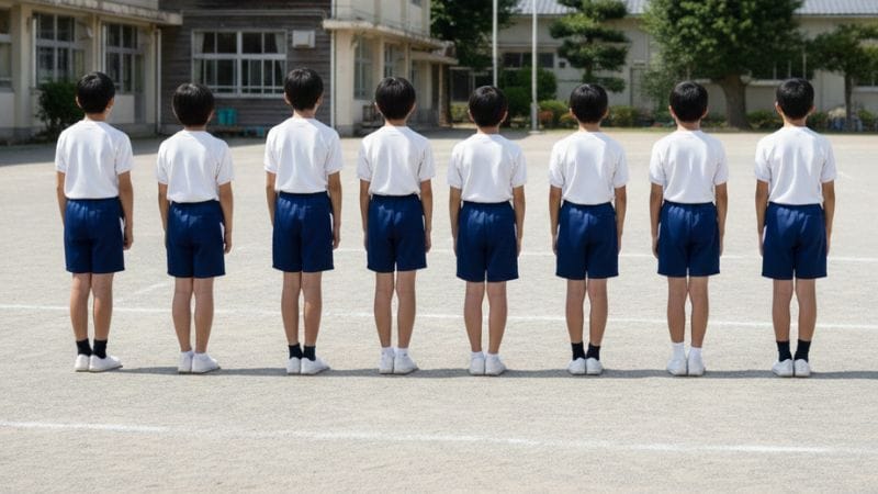 体操服の児童が並んでいる後ろ姿