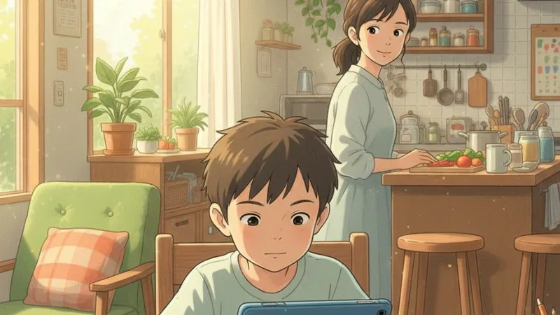 自分からタブレット学習を始める男の子と、それを見守るママ