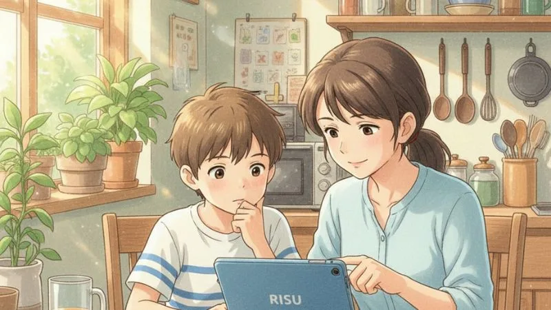 ママと一緒にタブレット学習をする男の子