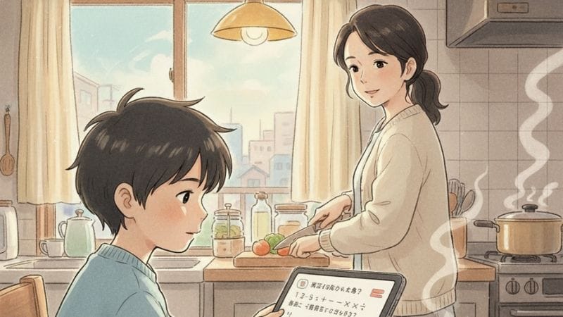 勉強する息子を見守るママのイラスト