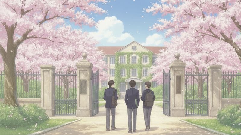 受験を終えて、桜の咲く春に、中学校へ通うようになった未来の子どもたちのイラスト