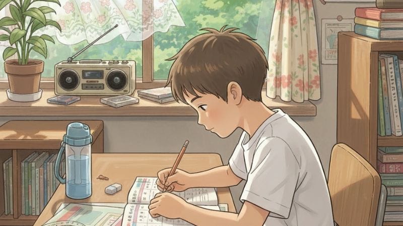 家のリビングで宿題をする昭和時代の男の子